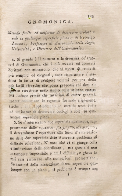 Copertina  Metodo facile ed uniforme di descrivere orologi a sole su qualunque superficie piana; di Federigo Zuccari, Professore di Astronomia nella Regia Università, e Direttore dell'Osservatorio