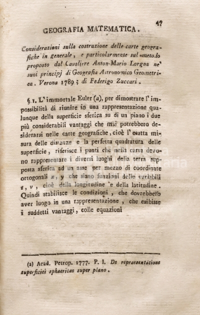 Copertina  Considerazioni sulla costruzione delle carte geografiche in generale, e particolarmente sul metodo proposto dal Cavaliere Anton-Mario Lorgna ne' suoi principj di Geografia Astronomico Geometrica. Verona 1789; di Federigo Zuccari
